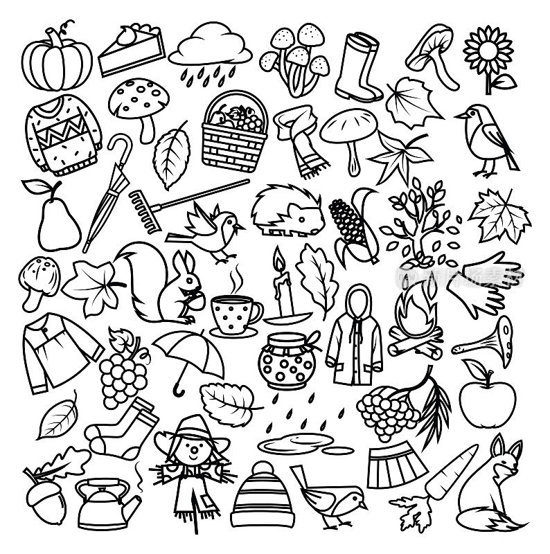 Hello Autumn Icons Set Sketch，手绘，涂鸦风格。